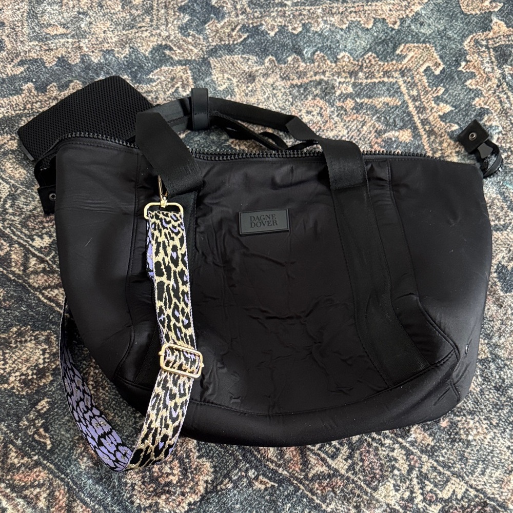 Dagne Dover Black Tote Weekender Bag with Animal Print Strap